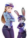    belt blue_necktie blue_pants blue_shirt breast_pocket breasts brown_eyes brown_hair closed_mouth collared_shirt commentary cowboy_shot crossed_arms crossover d.va_(overwatch) furry gloves hat head_tilt judy_hopps long_hair looking_at_viewer medium_breasts necktie officer_d.va overwatch pants pocket police police_badge police_hat police_uniform policewoman rabbit rixch shirt smirk striped striped_necktie uniform violet_eyes whisker_markings white_background white_gloves wing_collar zootopia 