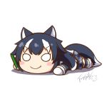  1girl animal_ears black_hair blush_stickers chibi fang grey_wolf_(kemono_friends) kemono_friends langbazi long_hair looking_at_viewer lying multicolored_hair o_o on_stomach signature simple_background solo tail two-tone_hair wolf_ears wolf_tail 