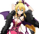  1girl armpits arms_up blonde_hair breasts cleavage demon_tail demon_wings floating_hair green_eyes hair_between_eyes high_ponytail large_breasts leafa long_hair looking_at_viewer pointy_ears purple_wings smile solo standing sword_art_online tail transparent_background upper_body very_long_hair wings 