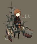  1girl brown_hair cannon capelet danish_flag gloves green_eyes gun holding holding_gun holding_weapon kome long_sleeves machinery mecha_musume military military_uniform military_vehicle niels_juel_(ship) original personification propeller ship simple_background solo turret uniform warship watercraft weapon 