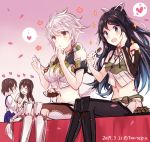  ... 4girls akagi_(kantai_collection) armor asymmetrical_hair asymmetrical_sleeves bare_shoulders black_hair blue_eyes blush braid cleavage_cutout closed_eyes cloud_print crop_top cup dated detached_sleeves eating feeding food food_on_face hair_ribbon hakama hakama_skirt heart ice_cream japanese_clothes jitome kabocha_torute kaga_(kantai_collection) kantai_collection katsuragi_(kantai_collection) long_hair midriff miniskirt multiple_girls navel open_mouth parfait ponytail remodel_(kantai_collection) revision ribbon side_ponytail silver_hair single_braid sitting skirt skirt_set smile spoken_ellipsis spoken_heart thigh-highs twitter_username unryuu_(kantai_collection) very_long_hair yellow_eyes yuri 