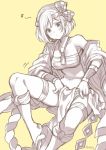  1girl adjusting_fundoshi bob_cut djeeta_(granblue_fantasy) drum_master_(granblue_fantasy) fundoshi granblue_fantasy hachimaki happi headband japanese_clothes jewelry looking_down necklace nejiri_hachimaki rope sarashi short_hair simple_background sitting takatsuki_ichi thigh_strap yellow_background 