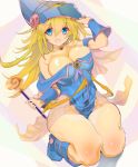  1girl bare_shoulders blonde_hair blue_boots blue_eyes blush blush_stickers boots breasts choker cleavage dark_magician_girl duel_monster hat highres large_breasts long_hair mokomoko_yanakku open_mouth pentacle smile solo staff wizard_hat yu-gi-oh! yuu-gi-ou_duel_monsters 