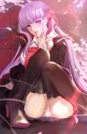  1girl bangs bb_(fate/extra_ccc) breasts fate/extra fate/extra_ccc fate_(series) hair_bow hair_ribbon high_heels large_breasts looking_at_viewer on_floor panties pantyshot pantyshot_(sitting) petals purple_hair ribbon sitting skirt solo thigh_boots tongue tongue_out underwear very_long_hair violet_eyes white_panties 