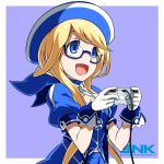  1girl ascot beret blonde_hair blue-framed_eyewear blue_ascot blue_eyes controller enta_girl falcoon game_controller glasses gloves hat highres jacket mascot official_art playing_games puffy_short_sleeves puffy_sleeves purple_background semi-rimless_glasses short_hair_with_long_locks short_sleeves simple_background smile snk solo upper_body 
