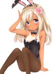  1girl absurdres animal_ears bare_arms bare_shoulders blonde_hair blue_eyes bunny_girl bunnysuit fake_animal_ears flower go-1 hair_flower hair_ornament highres kantai_collection long_hair open_mouth pantyhose pink_flower rabbit_ears ro-500_(kantai_collection) simple_background solo tan white_background 