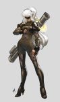  blindfold bodysuit boots borrowed_character dogbomber gloves high_heels long_hair nier_(series) nier_automata ponytail puffy_sleeves rocket_launcher sean_ng smile thigh-highs thigh_boots weapon white_hair 