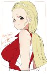  1girl arms_at_sides artist_name blonde_hair blush forehead from_side girls_und_panzer grey_eyes isshiki_(ffmania7) light_smile low_ponytail sasaki_akebi signature sketch solo sportswear upper_body volleyball_uniform 