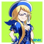 1girl adjusting_glasses ascot beret blonde_hair blue_ascot closed_eyes enta_girl falcoon glasses gloves green_background hand_on_hip hat highres logo mascot official_art puffy_short_sleeves puffy_sleeves short_hair_with_long_locks short_sleeves simple_background smile snk solo upper_body white_gloves 
