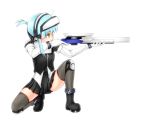  1girl aiming alternate_costume alternate_hair_color black_legwear blue_hair boots bracelet ear_protection earmuffs elbow_gloves energy_gun from_side gloves green_eyes gun holding holding_gun holding_weapon iris_(material_sniper) jewelry knee_pads laser_rifle long_sleeves material_sniper nekozame scope sidelocks simple_background skirt solo squatting thigh-highs trigger_discipline weapon white_background white_gloves zettai_ryouiki 