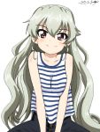  1girl alternate_hairstyle anchovy artist_name bangs black_pants blue_shirt bukkuri casual closed_mouth collarbone dated girls_und_panzer green_hair hair_down highres long_hair looking_at_viewer pants red_eyes shirt signature sitting sketch smile solo striped striped_shirt tank_top upper_body v_arms 