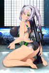  1girl ass assault_rifle blush breasts competition_swimsuit fn_scar green_eyes gun heterochromia large_breasts long_hair looking_at_viewer one-piece_swimsuit original ponytail rifle silver_hair solo swimsuit utako623 weapon yellow_eyes 