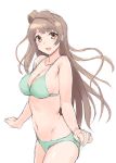  1girl :d bangs bare_shoulders bikini brown_hair clenched_hands commentary_request cowboy_shot green_bikini kichiroku long_hair looking_at_viewer love_live! love_live!_school_idol_project midriff minami_kotori navel one_side_up open_mouth simple_background sketch smile solo swimsuit white_background yellow_eyes 