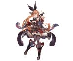  1girl armpits belt black_boots black_gloves black_legwear book boots brown_hair cape clarisse_(granblue_fantasy) fire full_body gloves granblue_fantasy hair_ribbon holding jacket knee_boots long_hair looking_at_viewer minaba_hideo official_art one_eye_closed open_mouth pleated_skirt ribbon skirt sleeveless smile solo standing test_tube thigh-highs transparent_background zettai_ryouiki 