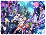  3girls 4boys aihara_mizuki akiba&#039;s_beat animal_ears black_hair blonde_hair blue_eyes breasts brown_hair building city collarbone fake_animal_ears frills green_eyes gun hair_ornament hand_on_hip headphones holding holding_weapon hongo_yamato hoshino_saki jacket lights long_hair momose_riyu multiple_boys multiple_girls navel official_art open_mouth outdoors pin-kun pink_hair ponytail rabbit_ears sanada_kotomi shinomiya_reiji short_hair shorts skirt sky skyscraper smile standing suspender_skirt suspenders sword tachibana_asahi tagme twintails ucmm weapon white_hair 