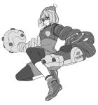  1girl arms_(game) bangs beanie bike_shorts boxing_gloves chinese_clothes dragon facepaint food full_body hat kamu_(kamuuei) legwear_under_shorts looking_at_viewer mask min_min_(arms) monochrome noodles short_hair shorts solo 