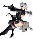  1girl ass back_cutout black_dress black_hairband blindfold boots breasts claymore_(sword) covered_eyes dress dual_wielding feather-trimmed_sleeves hairband highres holding holding_sword holding_weapon katana leotard medium_breasts nier_(series) nier_automata radlionheart reverse_grip silver_hair solo sword thigh-highs thigh_boots thighhighs_under_boots transparent_background weapon white_leotard yorha_no._2_type_b 