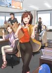  2girls 3boys :d ahoge black_hair black_pants blouse blue_shirt brown_eyes brown_hair cardigan chair day desk hand_in_pocket hand_up high_waisted_pants holding holding_pencil indoors looking_at_another looking_at_viewer multiple_boys multiple_girls nanahime_(aoi) office office_chair open_cardigan open_clothes open_mouth orange_blouse pants paper pencil purple_blouse sandals senpai_genkou_mada_desuka!_shinmai_henshuusha_bestseller_wo_tsukuru shirt sidelocks sleeves_rolled_up smile solo_focus teeth vest violet_eyes 