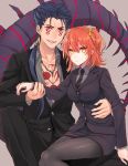  alternate_costume arm_around_waist black_hair black_jacket black_legwear black_necktie black_pants black_skirt blush bodypaint breasts brown_background business_suit buttons collared_shirt cu_chulainn_alter_(fate/grand_order) dragon_tail earrings facepaint formal fujimaru_ritsuka_(female) grey_shirt hair_between_eyes hair_ornament hair_scrunchie holding_hand invisible_chair jacket jewelry long_hair long_sleeves looking_at_viewer low_ponytail medium_breasts necklace necktie office_lady one_side_up open_mouth orange_hair pants pantyhose pencil_skirt pendant red_eyes scrunchie sharp_teeth shidomura shirt simple_background sitting skirt suit tail teeth thick_eyebrows wing_collar yellow_eyes 