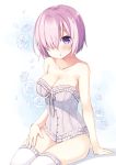  1girl :o arm arm_support bare_arms bare_shoulders blush breasts cleavage corset fate/grand_order fate_(series) female floral_background flower hair_over_one_eye highres large_breasts lavender_hair legs looking_at_viewer open_mouth panties petals rose sakura_yuzuna shielder_(fate/grand_order) shiny shiny_hair short_hair sitting solo strapless thigh-highs violet_eyes white_flower white_legwear white_rose 