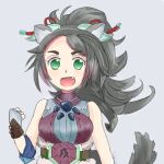  1girl animal_ears bare_shoulders breasts brown_gloves duel_monster fang fingerless_gloves gloves green_eyes grey_background hair_ornament looking_at_viewer medium_breasts open_mouth simple_background solo tail upper_body wolf_ears wolf_tail yu-gi-oh! zoodiac_lyca 