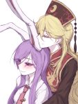  2girls animal_ears blonde_hair blush chin_on_head chin_rest closed_eyes hat height_difference highres hug hug_from_behind junko_(touhou) long_hair miata_(miata8674) multiple_girls necktie purple_hair rabbit_ears red_eyes reisen_udongein_inaba smile tabard touhou white_background yuri 