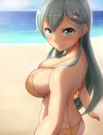  1girl back bangs beach bikini blurry blush breasts butt_crack cleavage closed_mouth depth_of_field eyebrows_visible_through_hair green_eyes green_hair hair_ornament hairclip halter_top halterneck kantai_collection large_breasts long_hair looking_at_viewer looking_back maku_ro outdoors smile solo suzuya_(kantai_collection) swimsuit upper_body yellow_bikini 