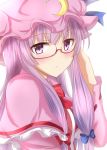  1girl :&lt; bespectacled blue_bow blue_ribbon blush bow bowtie capelet close-up closed_mouth crescent eyebrows_visible_through_hair frills glasses hair_bow hand_in_hair hat hat_ribbon long_hair long_sleeves looking_at_viewer low-tied_long_hair patchouli_knowledge pink_hat purple_hair ram_hachimin red-framed_eyewear red_bow red_bowtie red_ribbon ribbon ribbon-trimmed_sleeves ribbon_trim semi-rimless_glasses sidelocks simple_background solo straight_hair striped touhou under-rim_glasses upper_body vertical_stripes very_long_hair violet_eyes white_background 