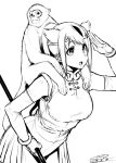  1girl 2017 :3 animal bangle bracelet breasts carrying circlet detached_sleeves eyebrows_visible_through_hair golden_snub-nosed_monkey_(kemono_friends) happa_(cloverppd) holding holding_staff jewelry kemono_friends large_breasts leaning_forward long_sleeves looking_away monkey_ears monochrome number open_mouth ponytail salute shoulder_carry signature sketch staff 