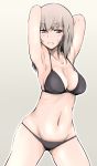  1girl armpits arms_behind_head bangs bikini black_bikini blush breasts cleavage closed_mouth cowboy_shot embarrassed frown girls_und_panzer gradient gradient_background grey_background iijm_(runner916) itsumi_erika long_hair looking_at_viewer medium_breasts navel pose solo standing sweatdrop swimsuit 