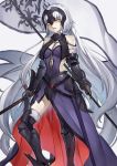 1girl black_gloves black_legwear breasts chains cleavage elbow_gloves fate/grand_order fate_(series) gauntlets gloves greaves helmet holding holding_sword holding_weapon jeanne_alter long_hair looking_at_viewer popoccpo ruler_(fate/apocrypha) sheath smile solo sword thigh-highs weapon white_hair yellow_eyes 