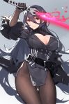  1girl belt black_hair black_jacket black_legwear breasts cleavage commentary_request cowboy_shot fur_trim glowing glowing_sword glowing_weapon hair_between_eyes jacket kishiyo large_breasts lips long_hair looking_at_viewer pantyhose parted_lips pelvic_curtain sword weapon 