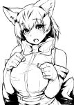  1girl 2017 animal_ears bare_shoulders blush bow bowtie clenched_hands elbow_gloves eyebrows_visible_through_hair gloves hair_between_eyes happa_(cloverppd) head_tilt high-waist_skirt kemono_friends looking_at_viewer monochrome number open_mouth paw_pose serval_(kemono_friends) serval_ears serval_print shirt short_hair signature sketch skirt sleeveless sleeveless_shirt solo 
