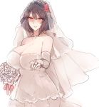  1girl alternate_costume bangs bare_shoulders blush bouquet breasts bridal_gauntlets bridal_veil bura cleavage collarbone commentary_request dress flower hair_between_eyes happy highres hips huge_breasts jewelry looking_at_viewer necklace nose_blush purple_hair red_eyes ring shiny shiny_hair short_hair simple_background smile solo tearing_up touhou veil wedding_band wedding_dress white_background white_dress white_flower yasaka_kanako 