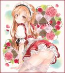  1girl ass asuna_(sao) bangs blonde_hair blouse brown_eyes closed_mouth colored_pencil_(medium) dress eyebrows_visible_through_hair floral_background flower grey_legwear lace lace-trimmed_thighhighs light_smile long_hair looking_at_viewer looking_back marker_(medium) parted_bangs pinafore_dress potto puffy_short_sleeves puffy_sleeves red_dress red_rose rose short_sleeves smile solo sword_art_online thigh-highs thighs traditional_media white_blouse 
