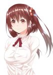  1girl blush breast_pocket breasts brown_eyes brown_hair closed_mouth collared_shirt ebina_nana eyebrows_visible_through_hair highres himouto!_umaru-chan hofumaso large_breasts long_hair long_sleeves looking_at_viewer pocket shirt smile solo twintails upper_body 