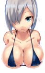  1girl ? absurdres armadillo-tokage bikini blue_bikini blue_eyes breasts cleavage collarbone commentary_request hair_over_one_eye hamakaze_(kantai_collection) highres kantai_collection large_breasts looking_at_viewer short_hair silver_hair simple_background skindentation solo swimsuit upper_body wet white_background 