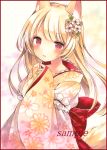  1girl animal_ears bangs blonde_hair blush cherry_blossoms colored_pencil_(medium) eyebrows_visible_through_hair floral_print flower fox_ears fox_girl fox_tail frills hair_flower hair_ornament japanese_clothes light_smile long_hair looking_at_viewer marker_(medium) obi original parted_lips potto red_eyes sample sash smile solo tail traditional_media upper_body 