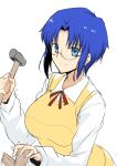  1girl absurdres blue_eyes blue_hair bow breasts ciel glasses hammer harukon_(halcon) highres holding holding_hammer large_breasts long_sleeves looking_at_viewer school_uniform shirt short_hair sidelocks sketch smile solo sweater_vest tsukihime upper_body white_background white_shirt 