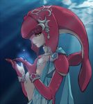  1girl bracelet breasts cape fish_girl gem hair_ornament half-closed_eyes jewelry kisetsu light_smile lipstick makeup mipha monster_girl multicolored multicolored_skin navel necklace smile solo the_legend_of_zelda the_legend_of_zelda:_breath_of_the_wild underwater upper_body water yellow_eyes zora 