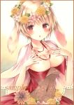  1girl :o animal_ears arms_at_sides bangs blonde_hair blush breasts cleavage colored_pencil_(medium) covered_navel dress eyebrows_visible_through_hair flower_wreath hands_on_own_chest head_wreath large_breasts looking_at_viewer marker_(medium) open_mouth original potto rabbit_ears red_dress red_eyes sample short_hair solo teeth traditional_media upper_body very_short_hair 
