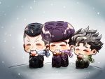  3boys black_hair chibi closed_eyes dumpling eating facial_mark food gakuran grey_hair heart higashikata_jousuke hirose_kouichi io_(ike_ike) jojo_no_kimyou_na_bouken male_focus multicolored_hair multiple_boys nijimura_okuyasu pompadour purple_hair scarf school_uniform sitting snowing striped striped_scarf two-tone_hair 