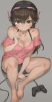  1girl bare_legs barefoot blush breasts brown_eyes brown_hair cleavage collarbone controller cutoffs d.va_(overwatch) eyebrows_visible_through_hair facial_mark feet from_above game_controller grey_background hair_between_eyes halterneck headphones highres long_hair looking_at_viewer medium_breasts mouth_hold overwatch short_shorts short_sleeves shorts simple_background sitting solo yohan1754 