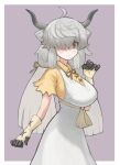  1girl ahoge animal_ears bangs breasts commentary dress extra_ears gloves grey_background grey_eyes grey_hair hair_over_one_eye highres horns kemono_friends large_breasts long_hair looking_at_viewer low_twintails one_eye_covered ox_ears ox_girl ox_horns short_sleeves simple_background smile solo twintails white_dress yak_(kemono_friends) zuchi00 