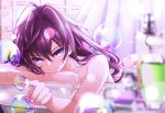  1girl :3 ahoge bangs bathing bathroom blue_eyes blurry bubble closed_mouth collarbone curtains depth_of_field giba_(out-low) hair_between_eyes ichinose_shiki idolmaster idolmaster_cinderella_girls index_finger_raised indoors long_hair looking_at_viewer lying nude on_stomach poking purple_hair smile solo window 