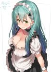  1girl :d alternate_costume apron aqua_hair bangs black_dress black_ribbon blue_hair blush breasts choker cleavage collarbone dress enmaided erect_nipples eyebrows_visible_through_hair frilled_choker frills from_above gradient_hair green_eyes grin hair_ornament hairclip isshiki_(ffmania7) kantai_collection large_breasts long_hair looking_at_viewer looking_up maid maid_headdress nose_blush open_mouth ribbon signature simple_background sketch smile solo suzuya_(kantai_collection) twitter_username upper_body waist_apron white_apron white_background wristband 