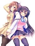  2girls ayuma_sayu black_hair black_legwear blue_eyes brown_hair fur_coat hands_together long_hair multiple_girls one_side_up ota-cir_no_hime_to_koi_ga_dekiru_wake_ga_nai. pantyhose thigh-highs twintails violet_eyes white_background 