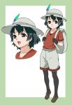  1girl :d amano_yoki backpack bag black_eyes black_gloves black_hair black_legwear border brown_shoes bucket_hat closed_mouth collarbone gloves hair_between_eyes hat hat_feather kaban_(kemono_friends) kemono_friends looking_at_viewer multiple_views open_mouth pantyhose red_shirt shirt shoes short_hair short_sleeves shorts smile white_background white_shorts 