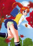  1girl leaf orange_hair panties pantyshot ponytail running school_uniform striped striped_panties tree underwear wind wind_lift 