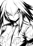  1girl 2017 breast_pocket closed_mouth collared_shirt frown hair_between_eyes happa_(cloverppd) head_tilt head_wings kemono_friends looking_at_viewer monochrome necktie number pocket shirt shoebill_(kemono_friends) signature sketch solo upper_body wing_collar 